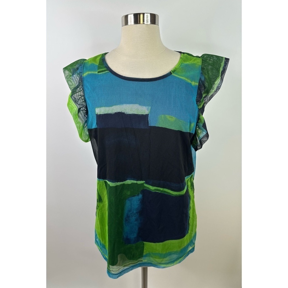 DKNY Colorblock Abstract Ruffle Cap Sleeves Blouse